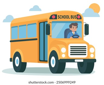 Flat illustration of yellow school bus with driver