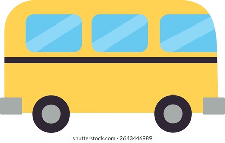 Flat illustration of a yellow school bus, ideal for transportation, kids, and educational content, representing travel and school life.