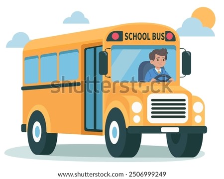 Flat illustration of yellow school bus with driver