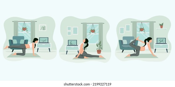 Ilustración plana de la actividad de yoga en el diseño del hogar
