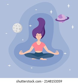 Flat illustration with yoga girl on the blue background with stars and planets for web, posters and design