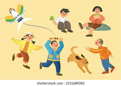 Flat illustration of young Asian kids doing Qing Ming Festival customs. People characters isolated on yellow background.