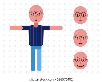 Flat illustration of Young Bald Character with different face expressions
