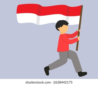 flat illustration of young boy holding Indonesian flag. Celebrate Independence 