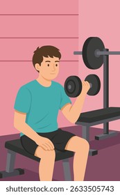 Flat illustration of a young boy working out at the gym