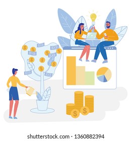 Flat Illustration Young Business Brings Profit. People Sit Onbig Screen Computer, Woman Waters Tree on which Money Grows. Attracting Investors to Startups Online and Advertising, Cartoon Vector.