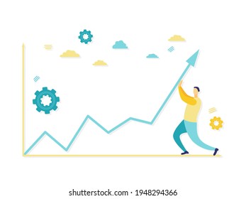 Ilustración plana de un joven empresario que apoya el crecimiento económico en el organigrama empresarial. Hermosas ilustraciones con azul y amarillo. Conceptos empresariales y financieros.