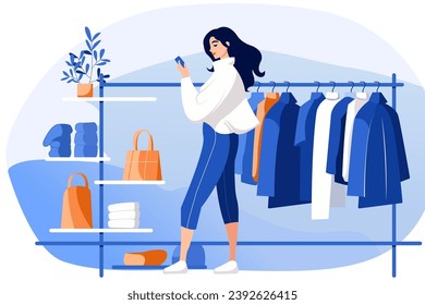 Flat illustration of young calm pretty woman in casual clothes browsing internet while buying new clothes in store of clothes and accessories decorated in blue colours 