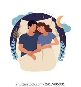 The flat illustration Young couple sleeping in the night. Graphic logo for sleep time, vector illustration