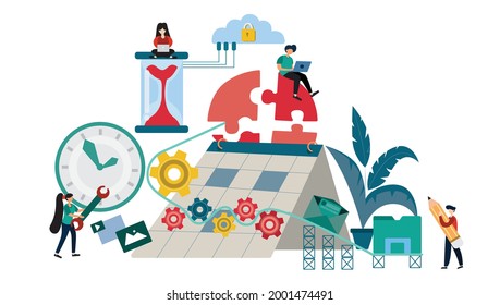 Flat illustration of young employees in a company working together to meet deadlines The work that depends on each other will make the company successful.