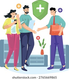Flat illustration of a young family interacting with an insurance agent while joining a life insurance plan. Concept represents new policy enrollment, financial planning, family protection, and insurance onboarding. Ideal for insurance companies, financial advisors, and marketing campaigns.