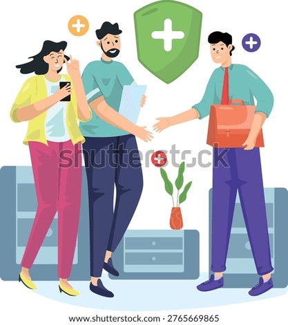Flat illustration of a young family interacting with an insurance agent while joining a life insurance plan. Concept represents new policy enrollment, financial planning, family protection, and insurance onboarding. Ideal for insurance companies, financial advisors, and marketing campaigns.