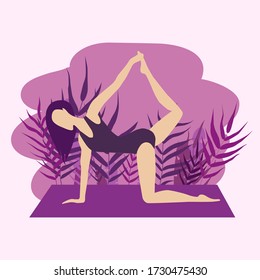 Flat illustration of young girl doing sports, yoga. Vector flat illustration isolated on pink background.A young woman practices yoga. Woman doing yoga exercises, yoga poses. Suitable for banner