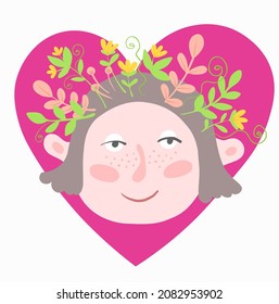 A flat illustration of a young girl with flowers in her head. People and world mental health day. 