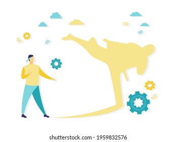 Flat illustration of young karate man confronting with his own shadow. Simple illustration in blue and yellow color. Business and finance concepts.