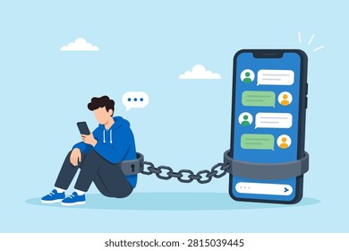 Flat illustration young man chained smartphone nomophobia digital addiction compulsive phone use social media dependency excessive screen time mental health