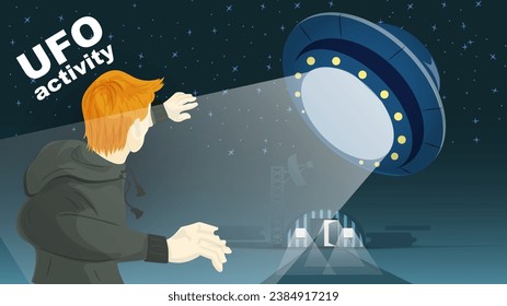 Flat illustration, a young man covers his face from the light coming from a flying UFO
