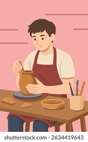 Flat illustration of a young man crafting pottery by hand.