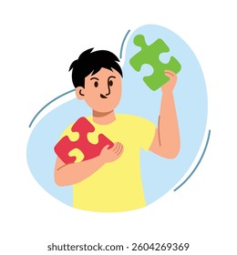 Flat illustration of a young man holding puzzle pieces, symbolizing problem-solving, strategy, and teamwork. Perfect for business, education, and creativity themes.