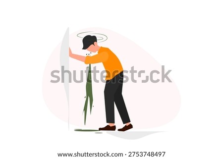 Flat illustration of a young man leaning against the wall with his hands to support himself when he is nauseous and vomiting.