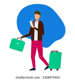 Flat illustration of a young man with mobile phone. A vector picture of a traveler booking a ticket. Waiting at the airport.