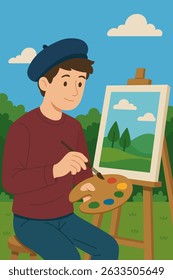 Flat illustration of a young man painting a landscape outdoors.