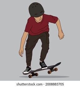 ilustración plana joven jugar al tablero de patinaje en fondo gris 