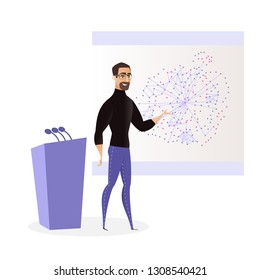 Flat Illustration Young Man Presenting New Product. Vector Bearded Guy in Glasses is Standing Stage Pointing with his Hand to Project    
