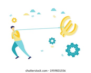 Flat illustration of young man pulling euro symbol with rope. Simple illustration in blue and yellow color. Business and finance concepts.