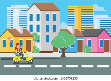 flat illustration of a young man riding a scooter with a girlfriend on the streets with urban scenery, vector illustration