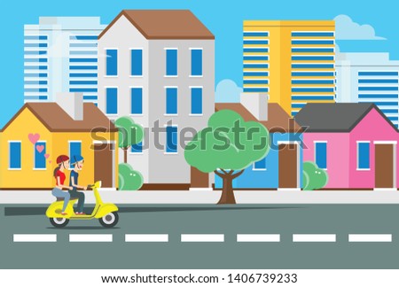 flat illustration of a young man riding a scooter with a girlfriend on the streets with urban scenery, vector illustration
