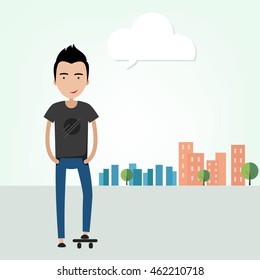 flat illustration of a young man. skateboard. city 