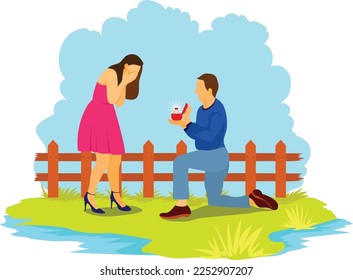 Flat illustration of Young Man Standing on Knee with Ring in Hand proposing a Woman, Asking for marriage. Engagement, Love, Loving Relations Concept. Cartoon, valentine's day Flat Vector Illustration