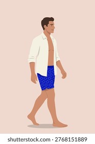 Flat illustration of a young man walking barefoot wearing swim shorts and an open shirt. Casual summer lifestyle concept ideal for beach, vacation, and warm weather themes.