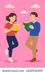 Flat illustration of a young man and woman reading books while standing.