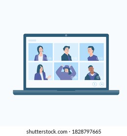 flat illustration of young man and women meet online in video conference technology, work from home vector isolated illustration, online meet flat illustration with 6 panels happy people