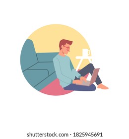 Flache Illustration von jungen Menschen, die von zu Hause aus arbeiten, Freiberufler oder Student. Minimalistisches Vektordesign, gut geeignet für die Illustration von Remote-Arbeitern
