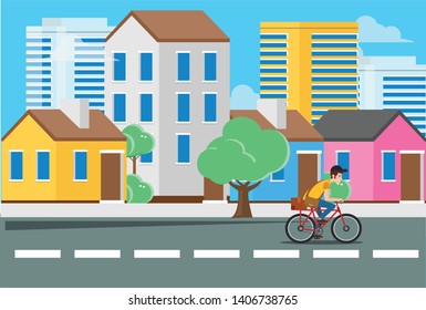 Flat illustration of young men cycling on the streets with urban views, vector illustration