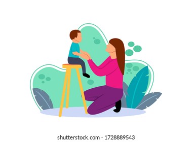 Flat illustration of a young mother playing with her son sitting on a chair. flat cartoon character with the concept of mother and child love. Have free time when at home.