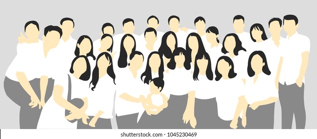 Flat illustration of young people, friends, classmates, students, colleagues, family posing for group photo