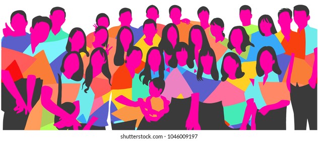 Flat illustration of young people, friends, classmates, students, colleagues, family posing for group photo