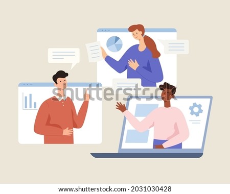 Flat illustration of young people having an online office meeting to discuss business. Concept of video conference or virtual business meetings.