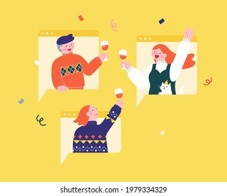 Flat Illustration Of Young People Holding Wine Glasses And Making A Toast Through Video Chat App. Concept Of Online Party And Virtual Celebration.