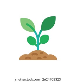 A flat illustration of a young plant growing in soil, simple style. Fresh green color palette.