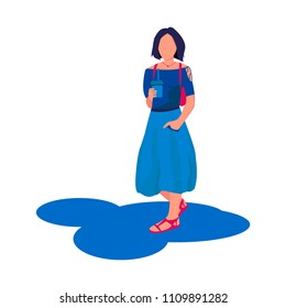 Flat illustration of a young woman in blue clothes holding with coffee in hands. Girl with pink backpack and sandals