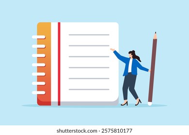 Flat illustration of young woman holding pencil write notebook symbolizing taking note for study and productivity