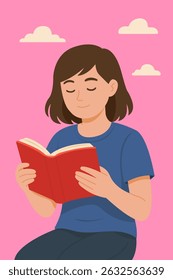 Flat illustration of a young woman reading a book peacefully.