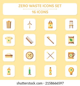 Flat Illustration Of Zero Waste Icon Set On White and Yellow Square Background.