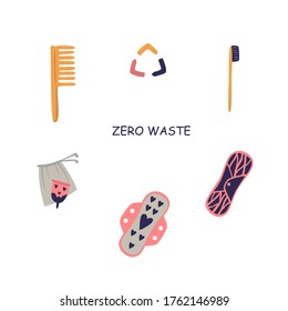 Ilustración plana de basura cero. Cepillo de dientes, peine, toallas reutilizables, Copa menstrual.