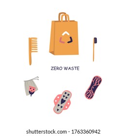 Flat illustration of zero waste. Toothbrush, comb, reusable pads, menstrual Cup, craft package.